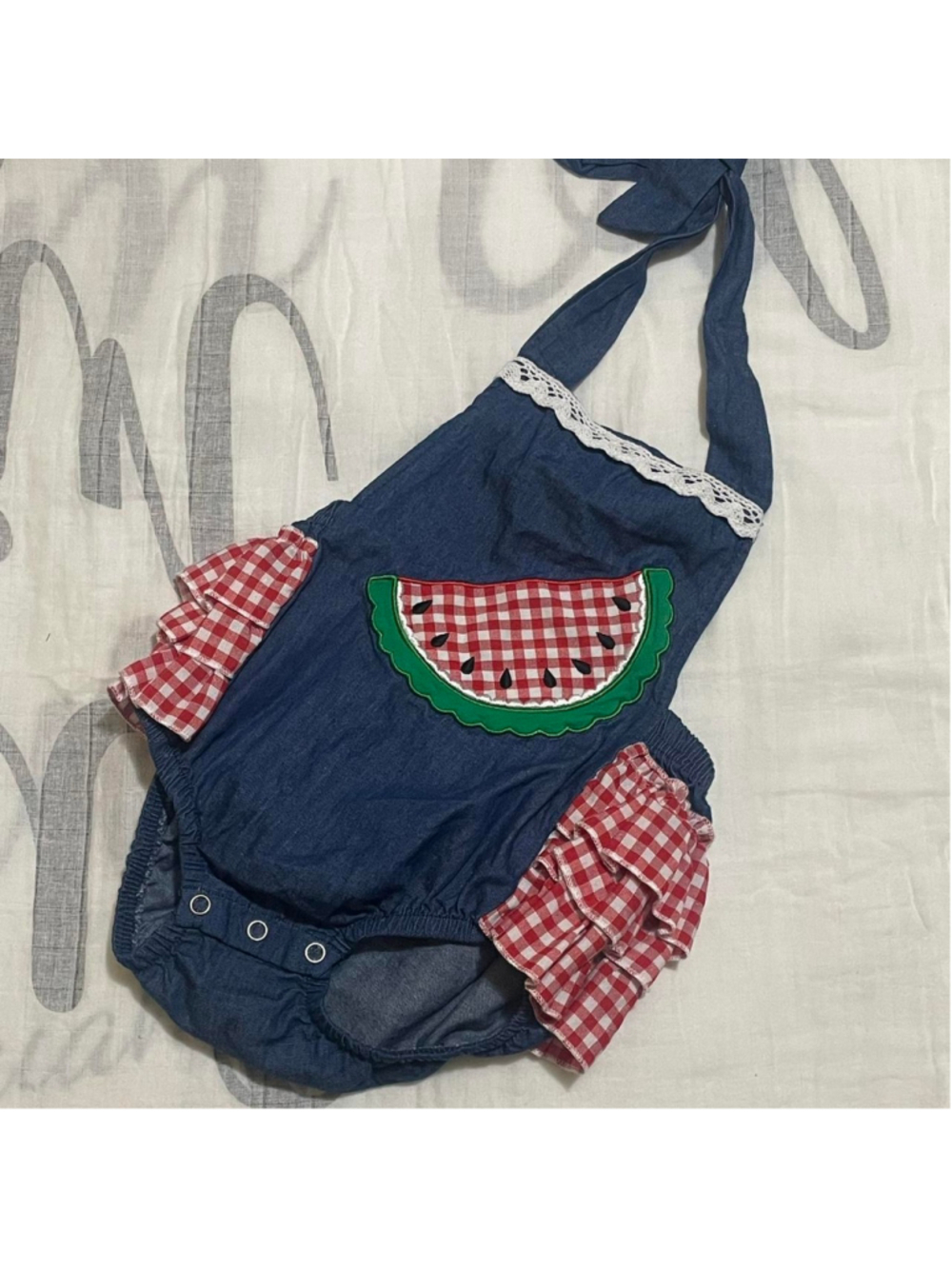Adorable Marie Nichole boutique watermelon romper with ruffles lace 12-18 months